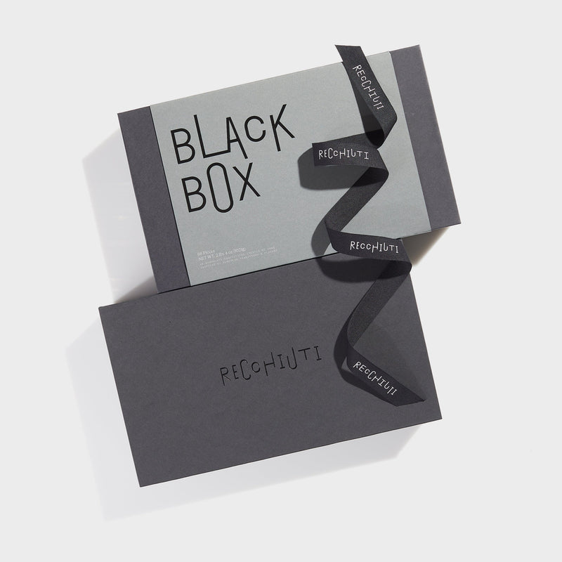 Recchiuti 88 piece Black Box closed view with ribbon